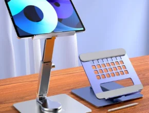 알루미늄 태블릿 스탠드 360 ° 회전 접이식 조절 가능한 책상 홀더 마운트 라이저 iPad Pro Air 4 미니 12.9 4-14 인치 Xiaomi 탭