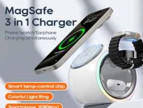 인플루언서가 추천한게 바로 KUULAA 3 in 1 무선 충전기 스탠드 iPhone 15 14 색상 변경 LED 조명 AirPods/Watch 용 자기 무선 충전 관심이 뜨겁습니다